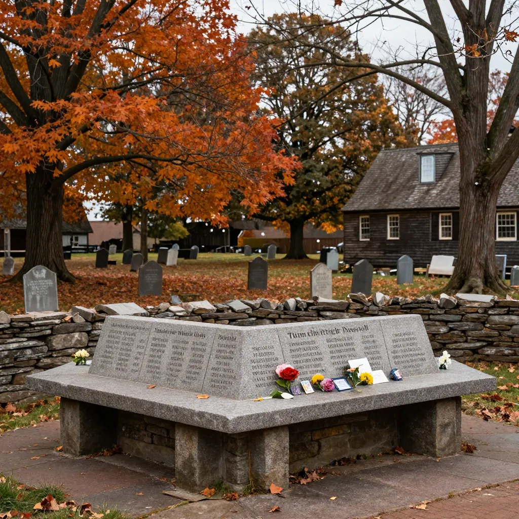The Salem Witch Trials Memorial with stone benches bearing victims’ names