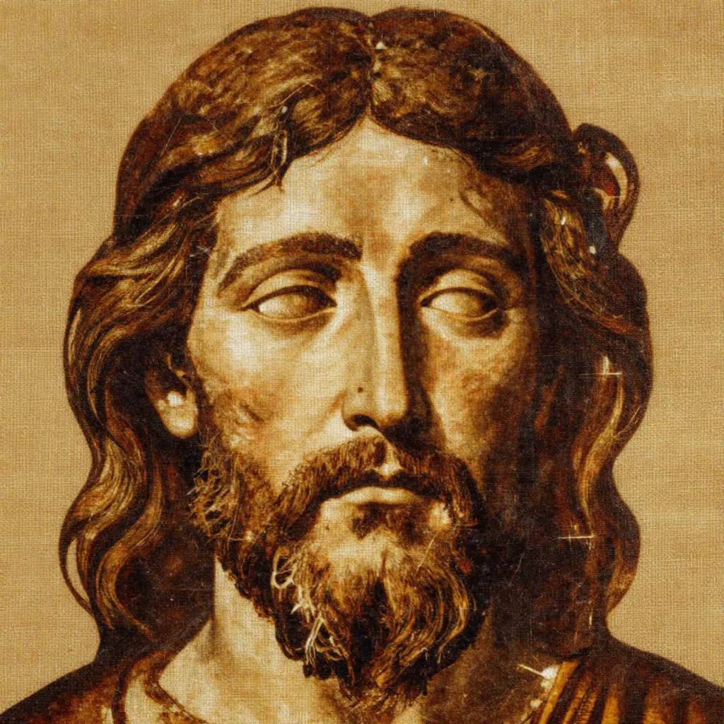 Close-up of the Shroud of Turin facial image showing the mysterious negative photograph effect