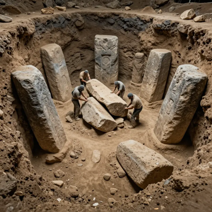 Archaeological excavation at Stonehenge showing researchers at work