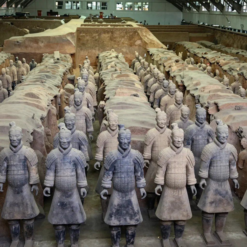 Terracotta Army warriors standing in formation in Pit 1