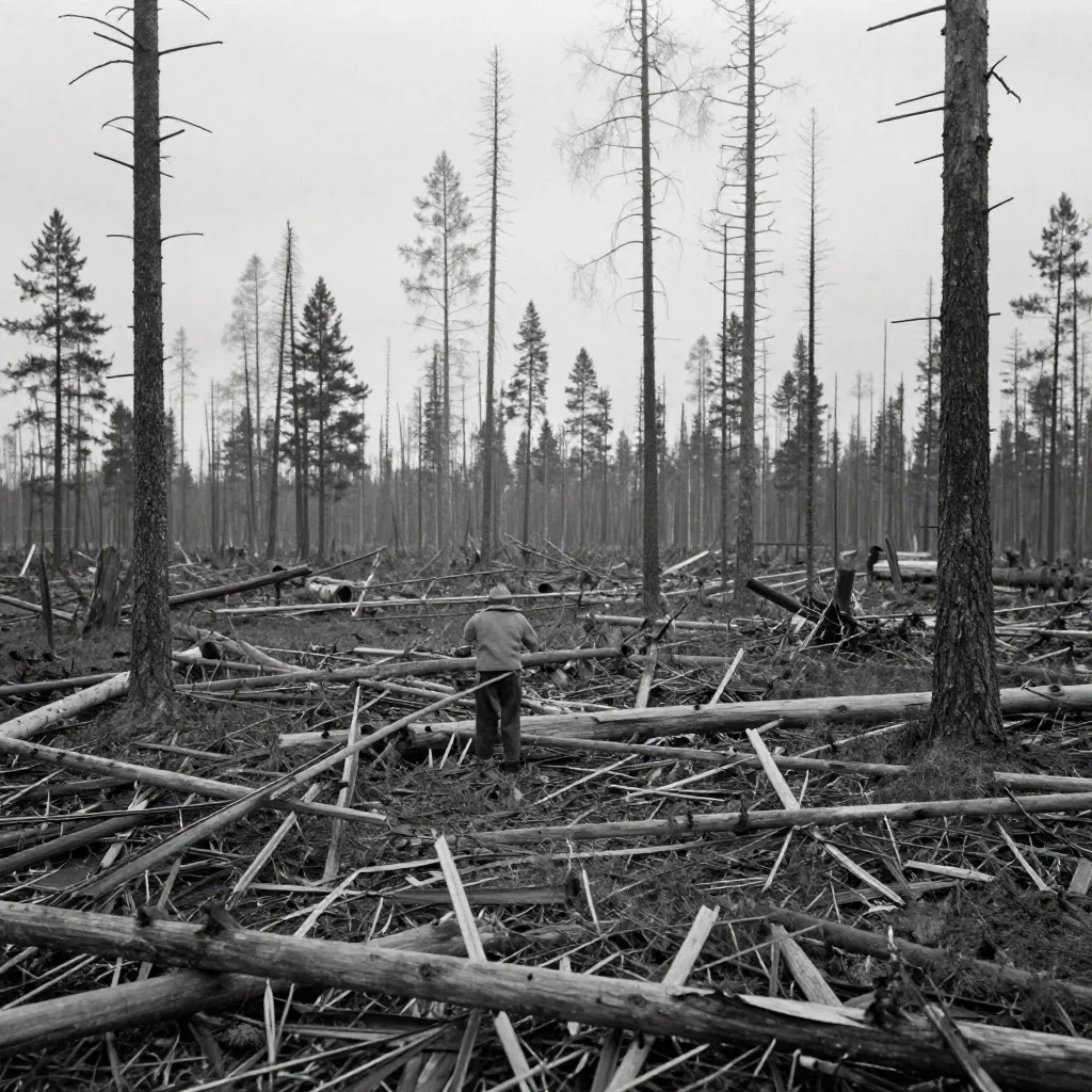 The Tunguska devastation zone showing millions of flattened trees
