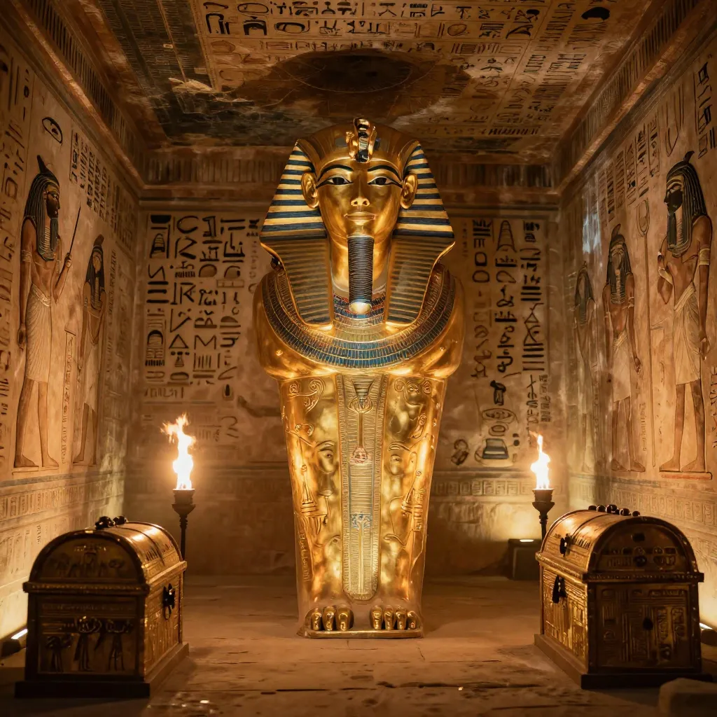 Inside the tomb of Tutankhamun with golden artifacts and the iconic death mask