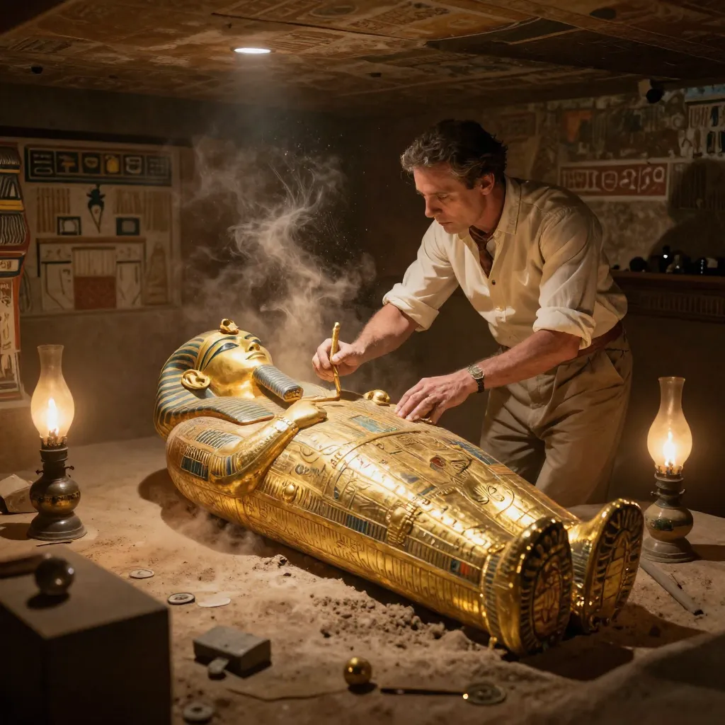 Howard Carter examining the golden sarcophagus in Tutankhamun's tomb
