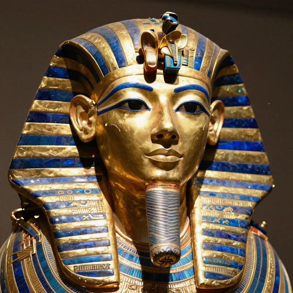 The golden death mask of Tutankhamun with lapis lazuli inlays