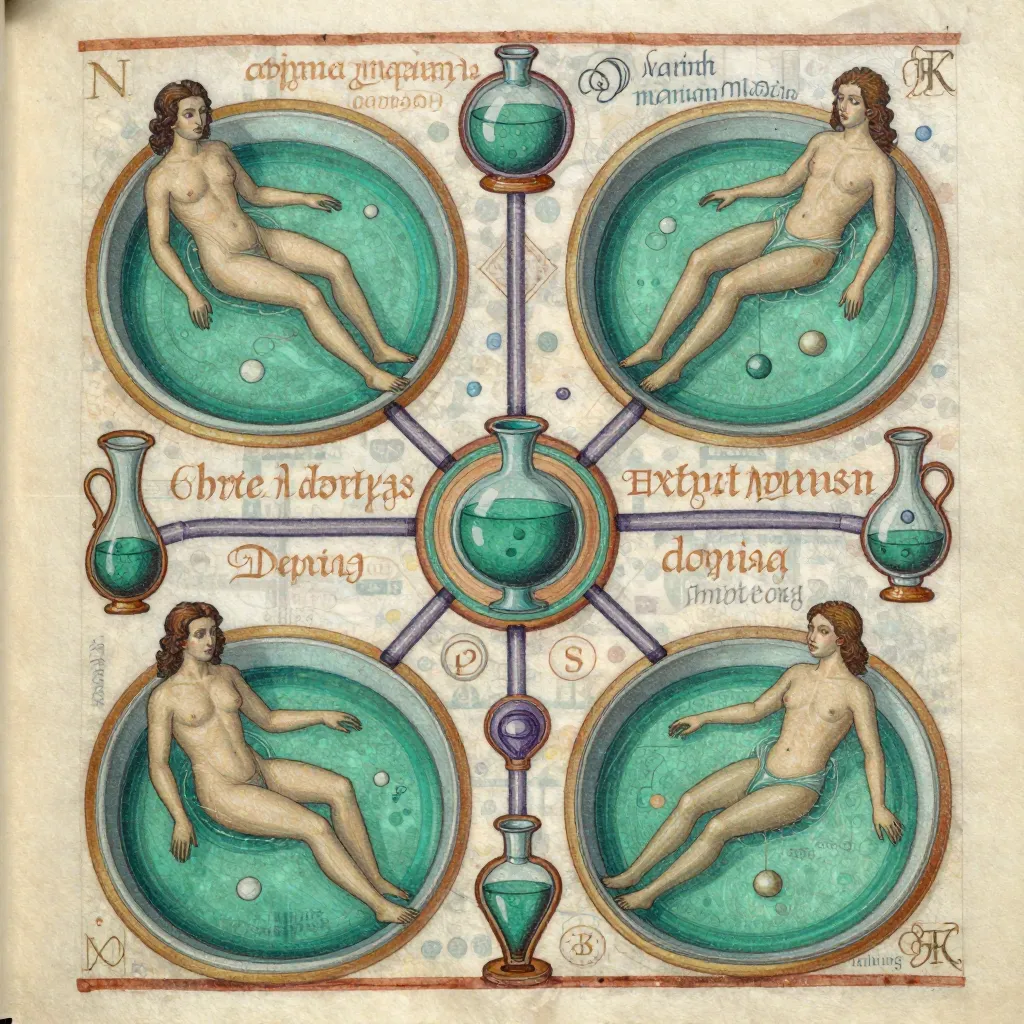The Voynich Manuscript biological section with figures bathing in green pools