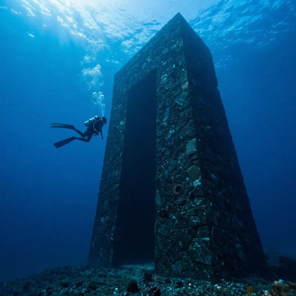 Scuba diver exploring the massive underwater Yonaguni stone formations